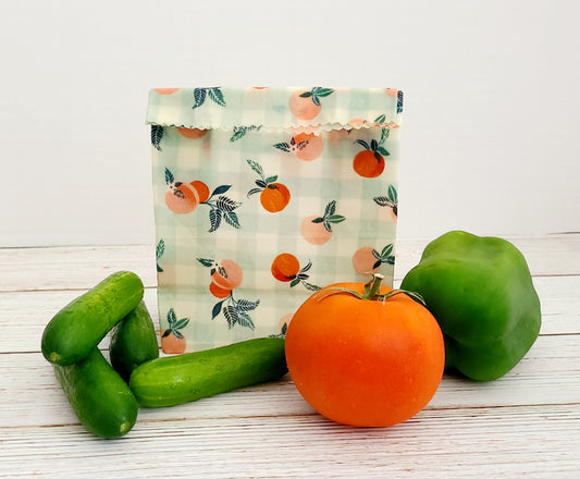 Beeswax Food Bag:  Peaches on Blue Gingham