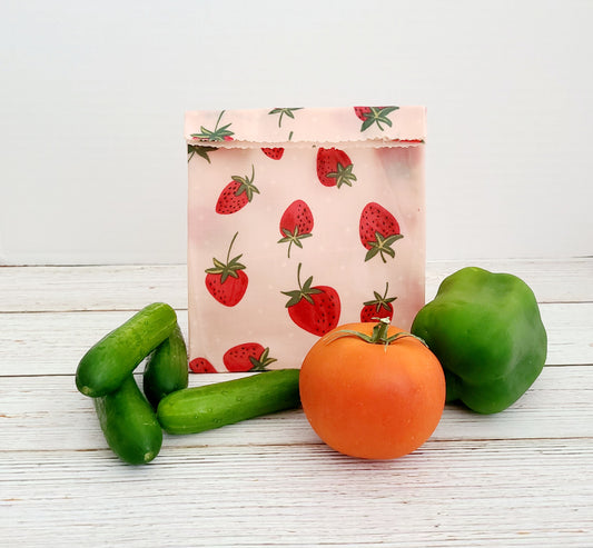 Beeswax Food Bag:  Strawberries on Pink