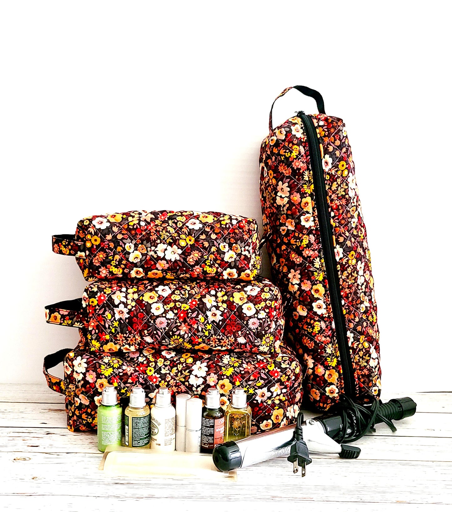 Hair Tool Bag:  Dark Orange Floral